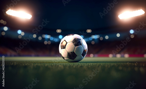 grüner Rasen mit Fußball im Fußballstadion mit Flutlicht © Jenny Sturm
