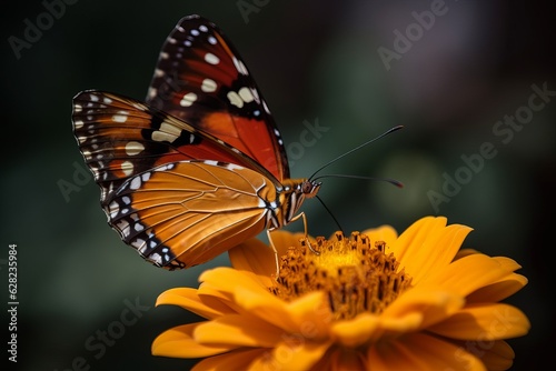 Illustration of a close-up view of a colorful butterfly perched on a vibrant flower, created using generative AI © Marius