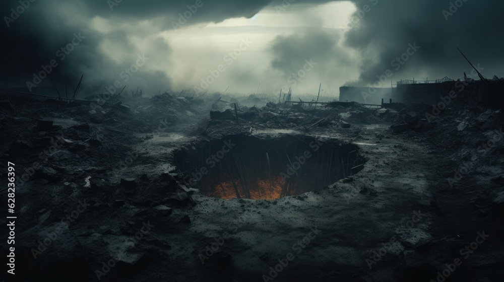 Fototapeta premium post-apocalyptic landscape with huge hole in a ground and moody sky, ai tools generated image