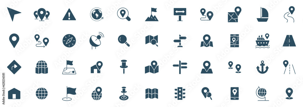 Navigation Line Icons vector. symbol of map location, Route, Marker, road trip and navigate icons solid illustration
