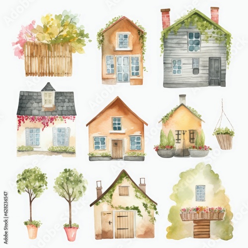 Set of house and tree style watercolor painting with margins Created with Generative AI technology.