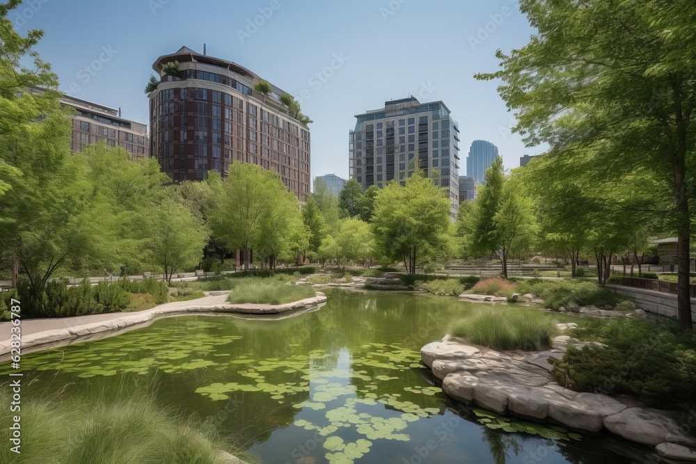 Illustration of a serene city park with a beautiful pond in the center, created using generative AI