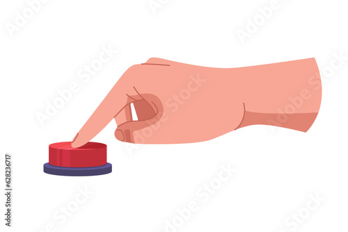 Hand pushing and pressing button. Finger pressing button. Turn on and off. Launch, start, control concept. Vector illustration EPS10