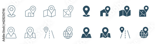 Map pin and navigation line icon set. symbol of mark location icons, home, route, located illustration vector