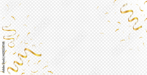 Golden confetti isolated. Falling shiny gold confetti. Bright golden festive tinsel. Vector illustration EPS10