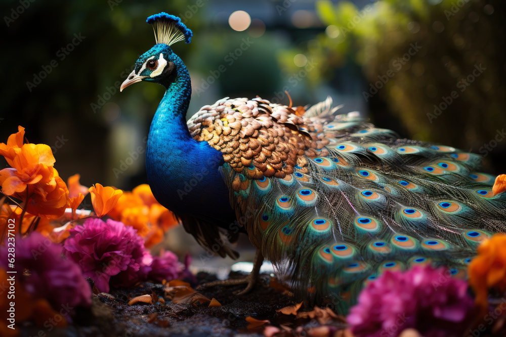 Fototapeta premium Beautiful colorful peacock with multicolored bright feathers in a blooming garden