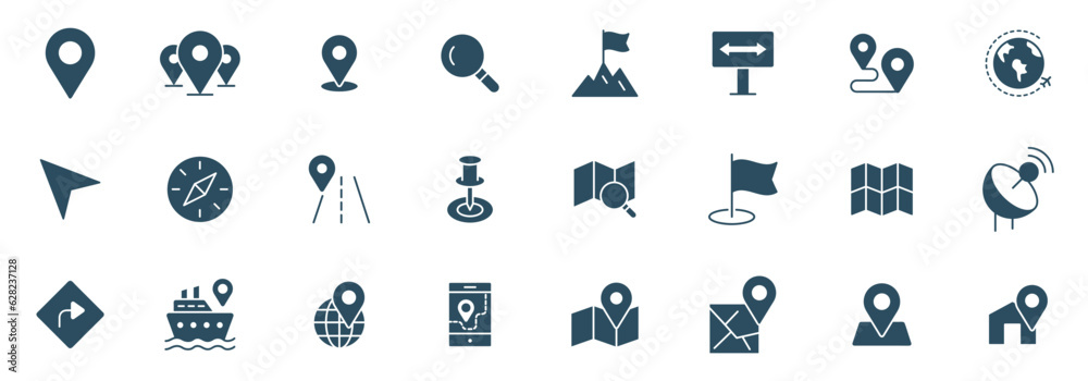 Navigation vector icon set. location, map, GPS, place, address, pointer, direction, icons illustration - obrazy, fototapety, plakaty 