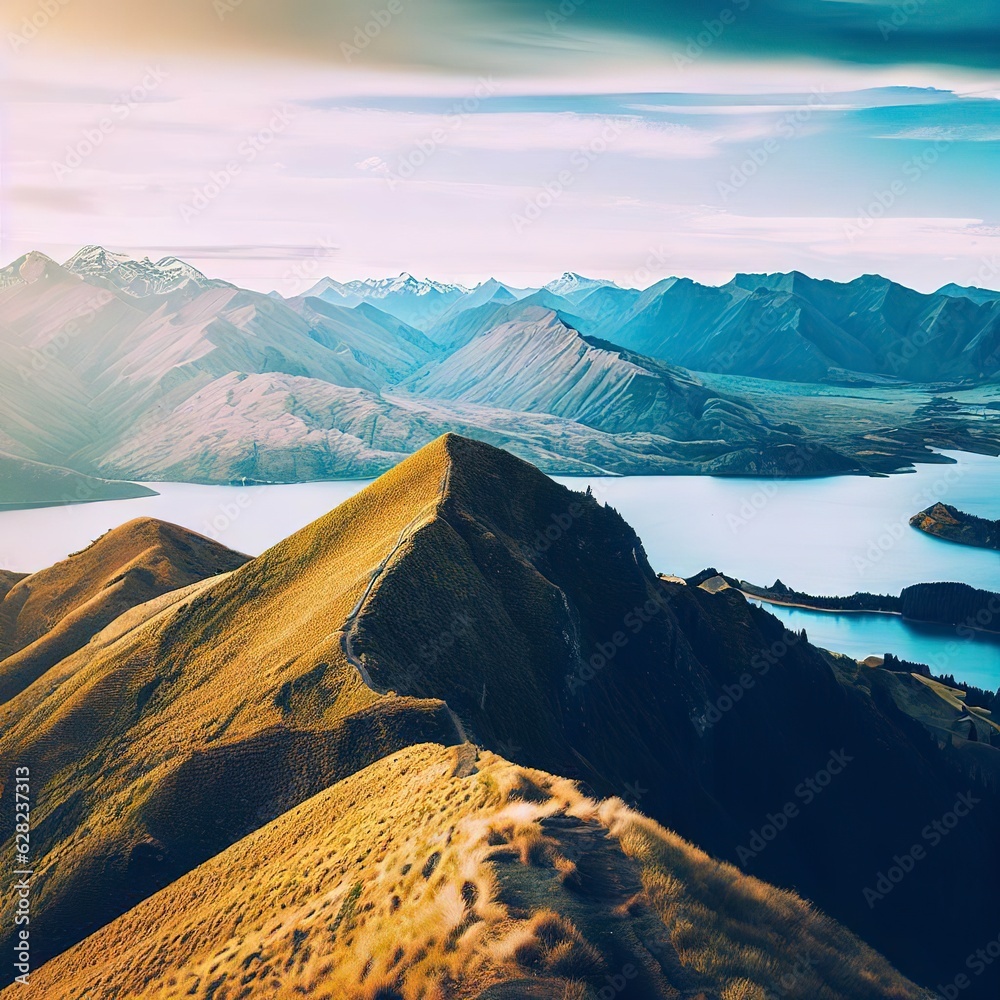 Roys peak mountain hike in Wanaka New Zealand. Popular tourism travel destination. Concept for hiking travel and adventure.