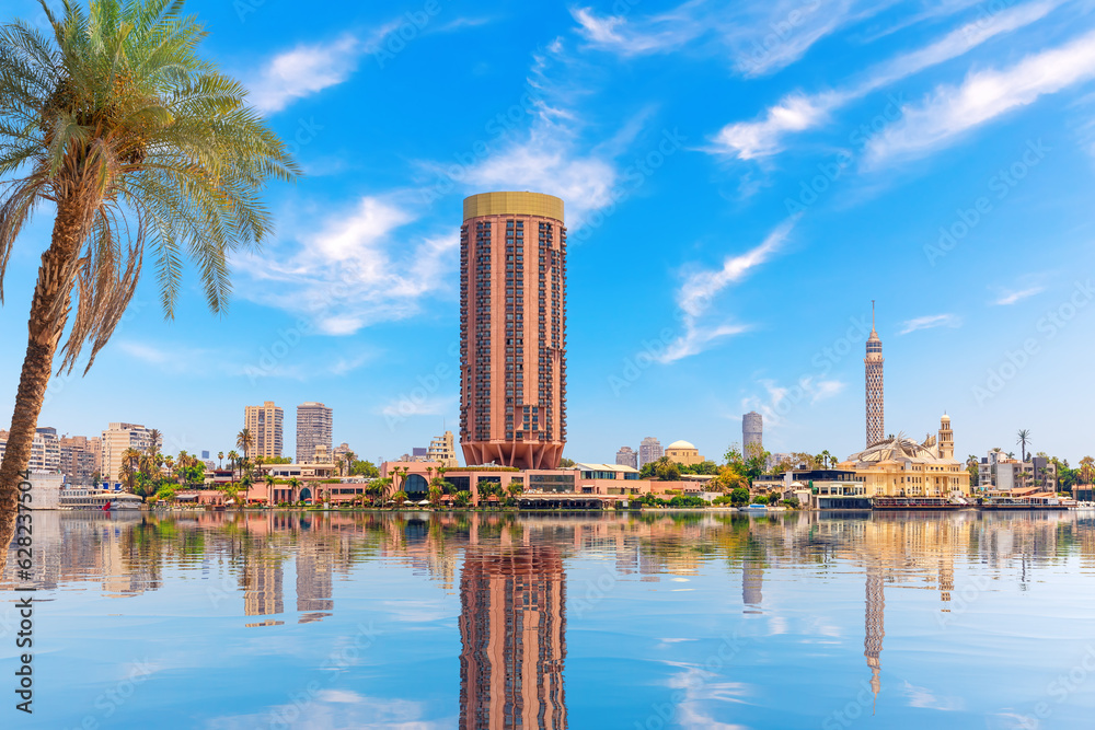 Nile banks and the main landmarks in the central part of Cairo, Egypt