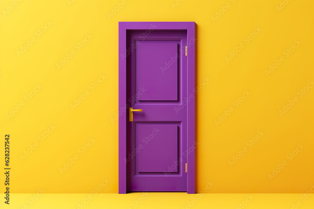 Realistic illustration of a closed purple door on a yellow wall. Home decor in yellow and purple. Residential decoration concept with closed door. Generative AI Realistic illustration of a closed purple door on a yellow wall. Home decor in yellow and purple. Residential decoration concept with closed door. Generative AI