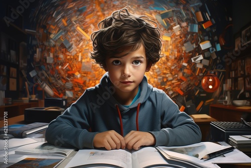 A boy, a student, reads a book against an abstract background with school objects in a swirl. Generation AI