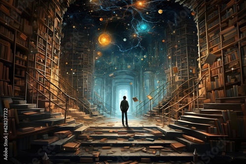 A man, a reader, in an unusual, fantastic library with high shelves in an unusual fantastic hall. Generation AI