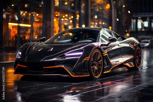 Futuristic sports super concept car on the street of the night city, street racing on expensive exclusive luxury auto