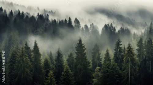 Panorama banner featuring a breathtaking and mystical landscape of rising fog amidst the forest trees in the enchanting Black Forest (Schwarzwald), Germany. © Mirador