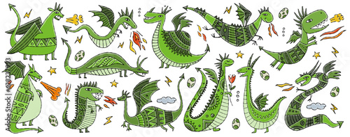 Collection of 12 Dragons isolated on white, horizontal banner. Symbol of Chin...