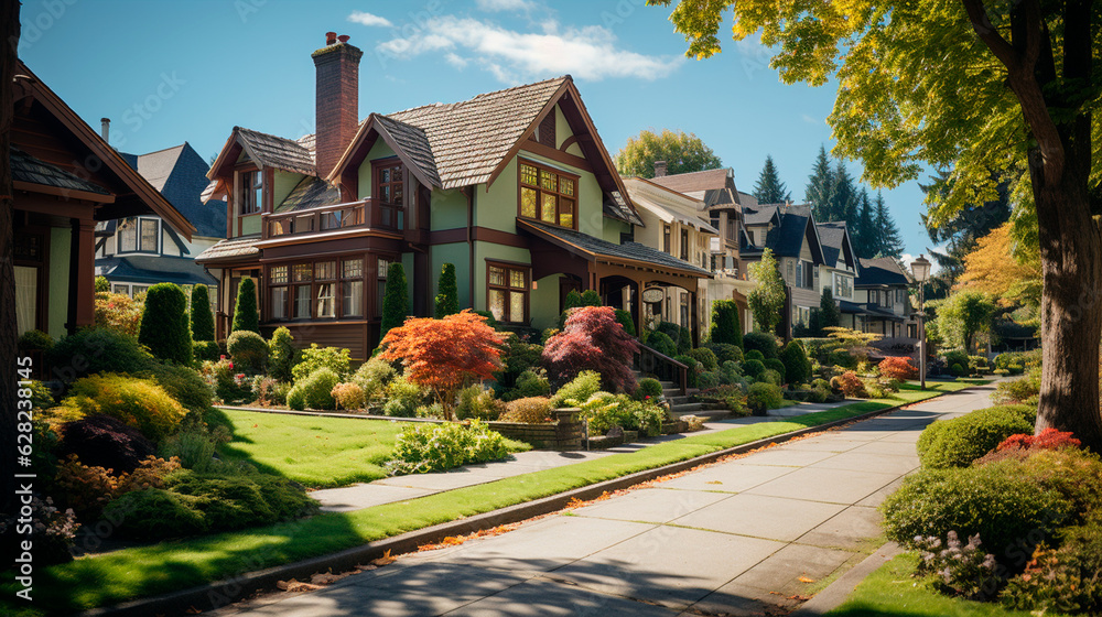 Obraz premium Lush Residential Neighborhood Filled with Greens and Plants. Generative AI.