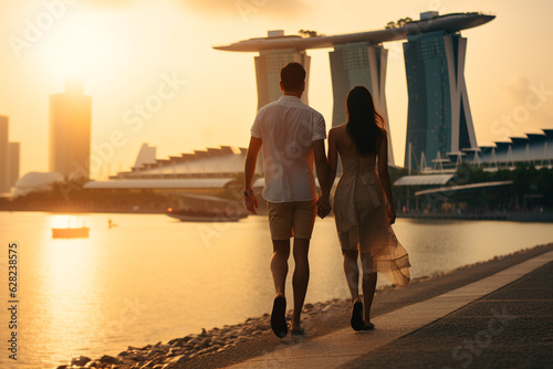 Young couple traveling and walking in Singapore. City in background. Man and woman view from behind. Sunset summer background. Generative AI