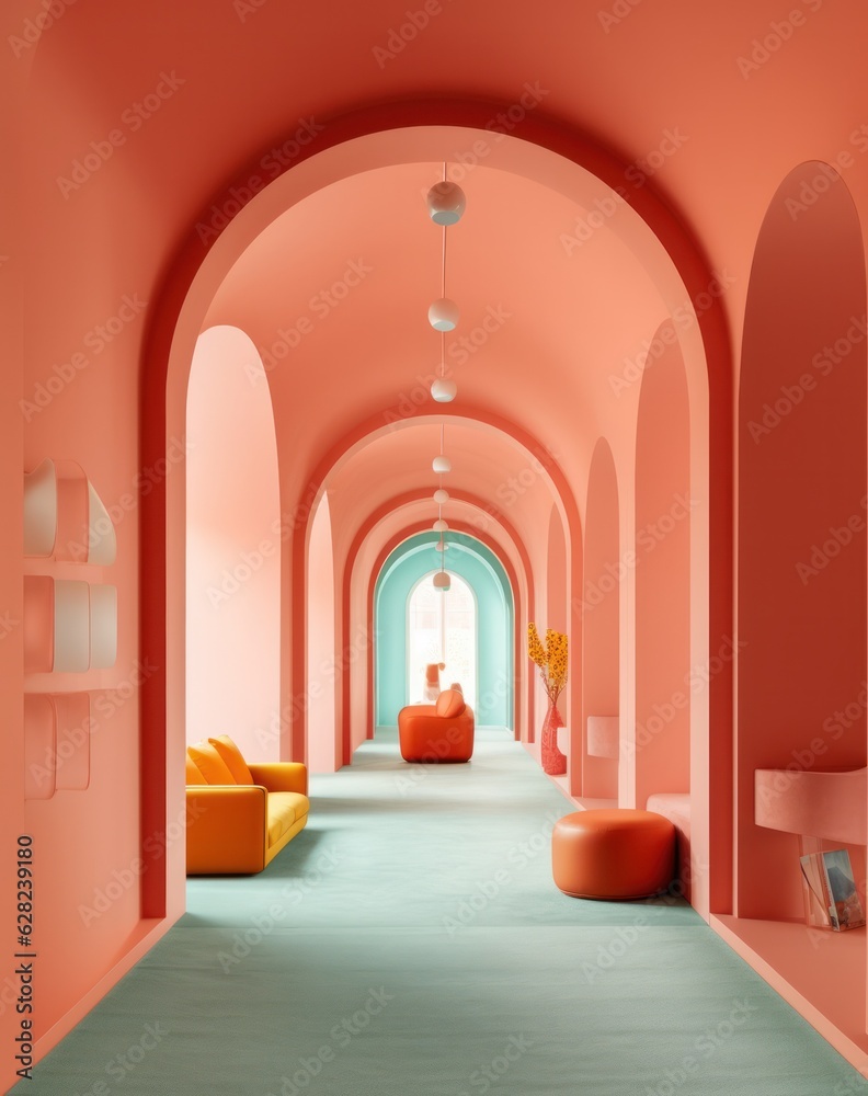 Conceptual 3d render of a designer room, lounge, minimalist style, concept with calm colors and round architecture.