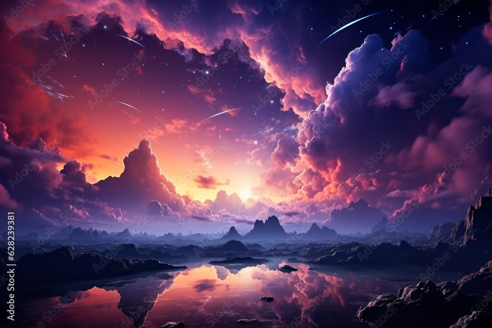 Space sky with stars and pink clouds, futuristic abstract background