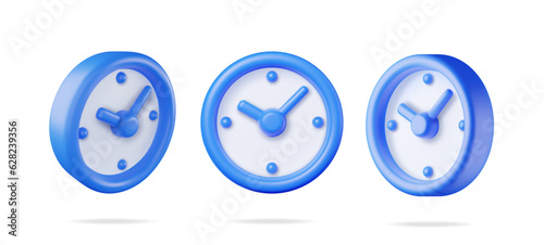 3D Set of Classic Round Wall Clock in Different Angles Isolated. Render Collection of Alarm Clock Icon. Measurement of Time, Deadline, Time-Keeping, Time Management. Watch Symbol. Vector Illustration