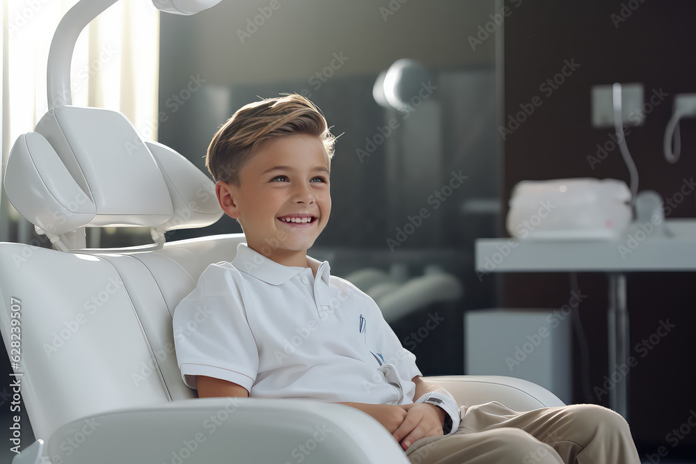 Happy beautiful school-aged child boy sits in a dentist's office in a dental chair and smiles. Concept of children's dentistry, dentist for the youngest patients. Happy beautiful school-aged child boy sits in a dentist's office in a dental chair and smiles. Concept of children's dentistry, dentist for the youngest patients.