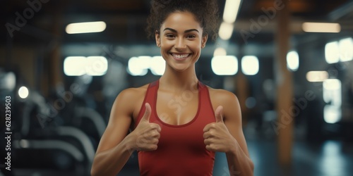 Happy african-american woman ready for workout showing thumb up at gym. Fitness and healthy lifestyle recommendation, generative ai