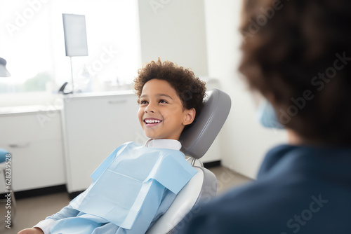 Happy beautiful school-aged child boy sits in a dentist's office in a dental chair and smiles. Concept of children's dentistry, dentist for the youngest patients.