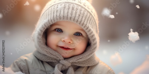 Cute Baby boy playing with snow in winter park on Christmas, generative ai
