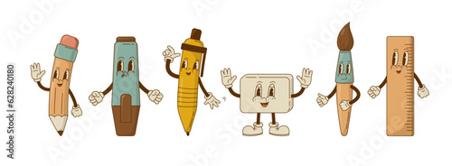 Set of retro cartoon funny school supplies characters. Pen, pencil, eraser, ruler, paint brush, mascot. Vintage groovy stationery vector illustration. Office supply