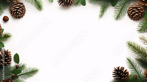 Pine Cones and Evergreen Leaves Arranged Beautifully on a White Background, Generative AI