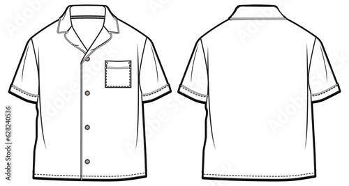 Piped resort Shirt design flat sketch fashion illustration vector template with front and back view, Toddler kids woven Shirt cad drawing mock up