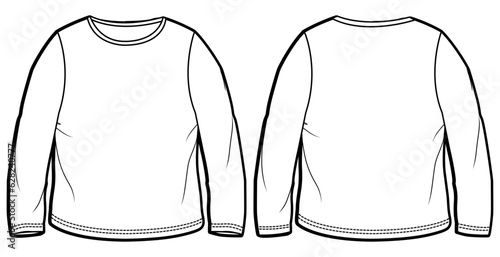 Baby boy and girl long sleeve T Shirt flat sketch fashion illustration drawing template mock up with front and back view. Toddler baby boy Crew neck T shirt top cad vector template