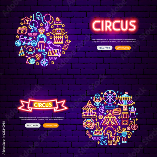 Circus Neon Banners. Vector Illustration of Festival Show Glowing Concept.