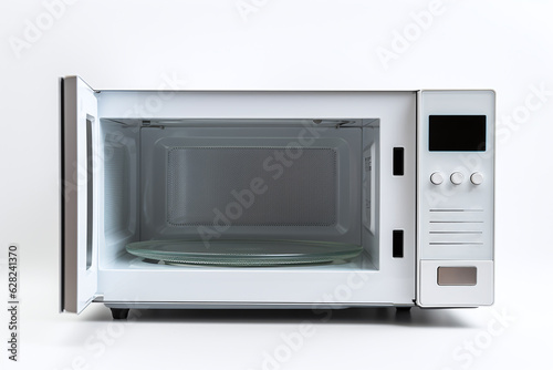 A white microwave with the door open shown from the front against a light solid background