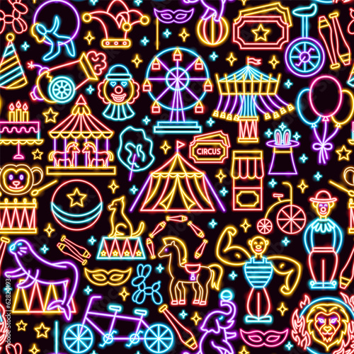 Circus Seamless Pattern. Vector Illustration of Entertainment Festival Glowing Concept.
