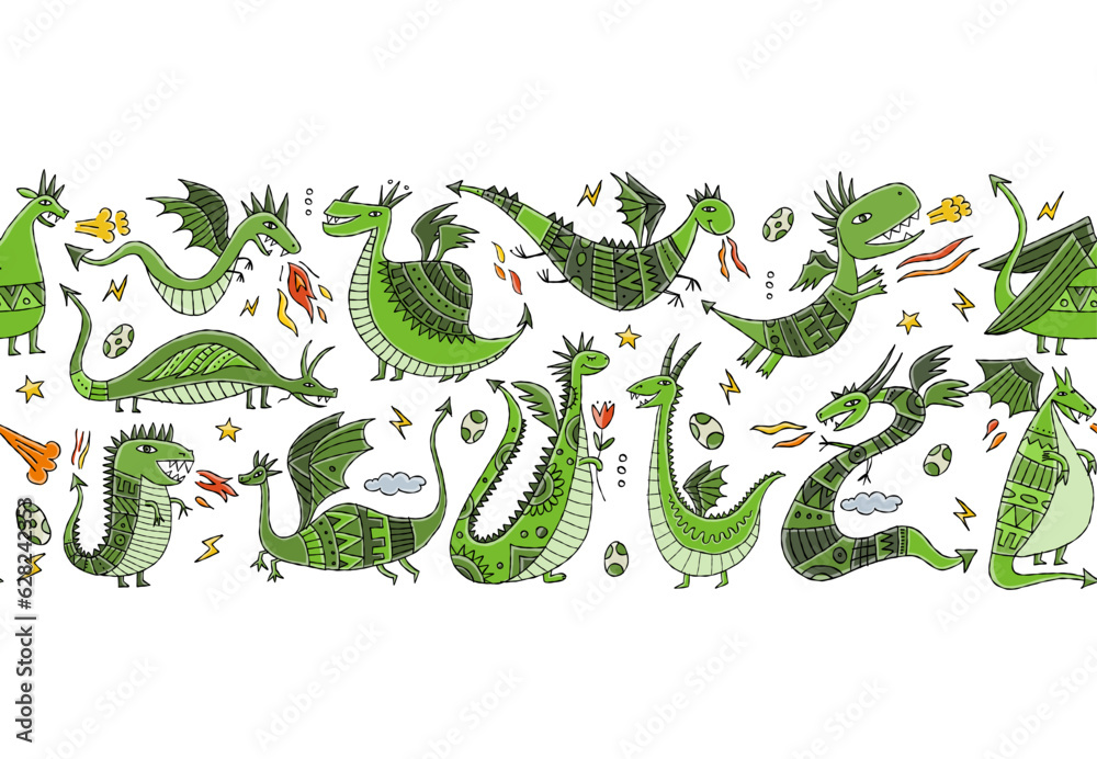 Funny Dragons family, seamless pattern background for your design. Symbol of Chinese New Year 2024