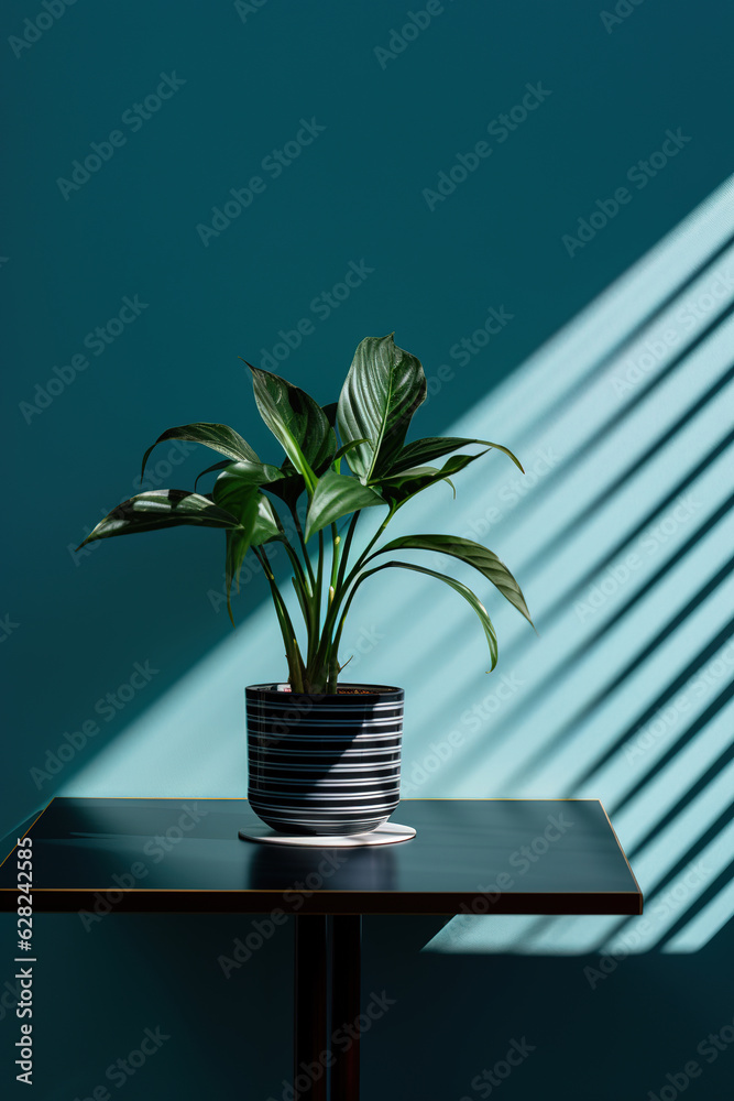 Green plant in concrete pot with decorative shadows on a green wall and table surface in home interior generative ai Green plant in concrete pot with decorative shadows on a green wall and table surface in home interior generative ai