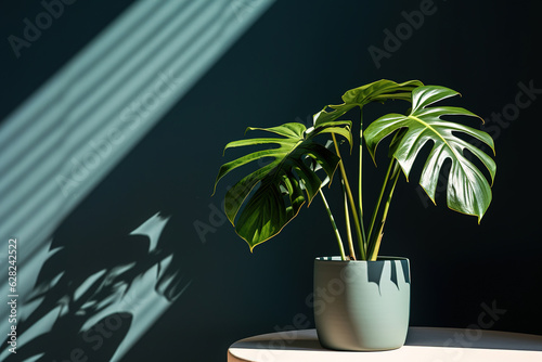 Green plant in concrete pot with decorative shadows on a green wall and table surface in home interior generative ai