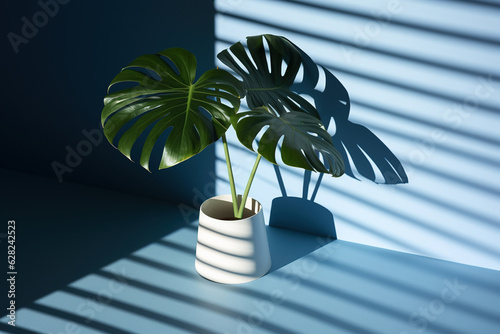 Green plant in concrete pot with decorative shadows on a green wall and table surface in home interior generative ai
