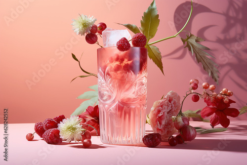 Glass of pink cocktail on a pink background and green plants with strawberries generative ai
