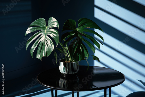 Green plant in concrete pot with decorative shadows on a green wall and table surface in home interior generative ai