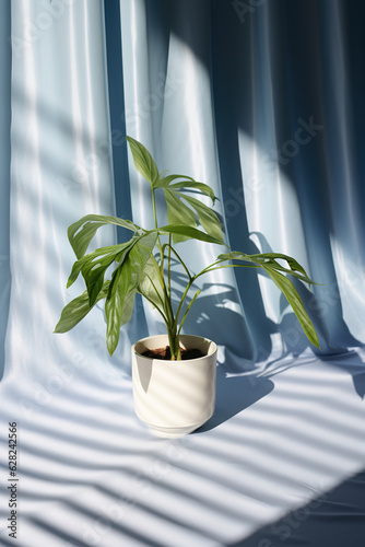 Green plant in concrete pot with decorative shadows on a green wall and table surface in home interior generative ai