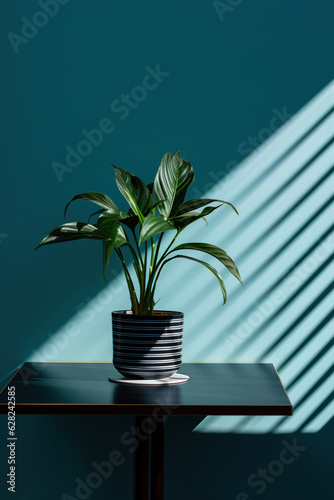 Green plant in concrete pot with decorative shadows on a green wall and table surface in home interior generative ai