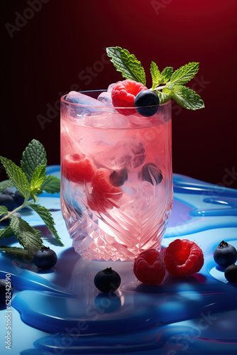 Nice splash liquid in glass with fallen blueberry and strawberry generative ai