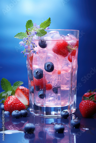 Nice splash liquid in glass with fallen blueberry and strawberry generative ai