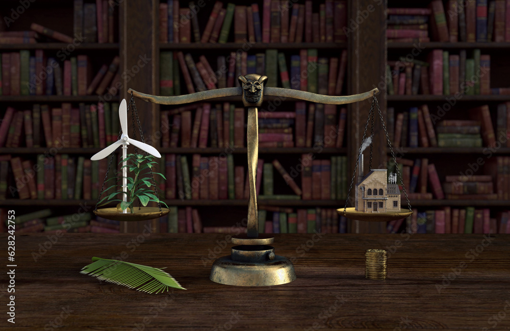 Metaphor image of a scale showing the balance between industry and environment, shown by a miniature factory and a small windmill with a plant Metaphor image of a scale showing the balance between industry and environment, shown by a miniature factory and a small windmill with a plant