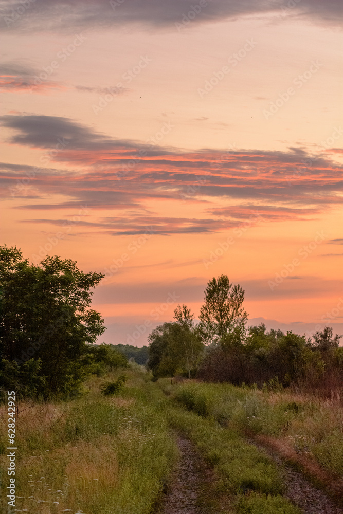 dirt road leading into the distance against the background of an orange sky during sunset during the cold hour dirt road leading into the distance against the background of an orange sky during sunset during the cold hour