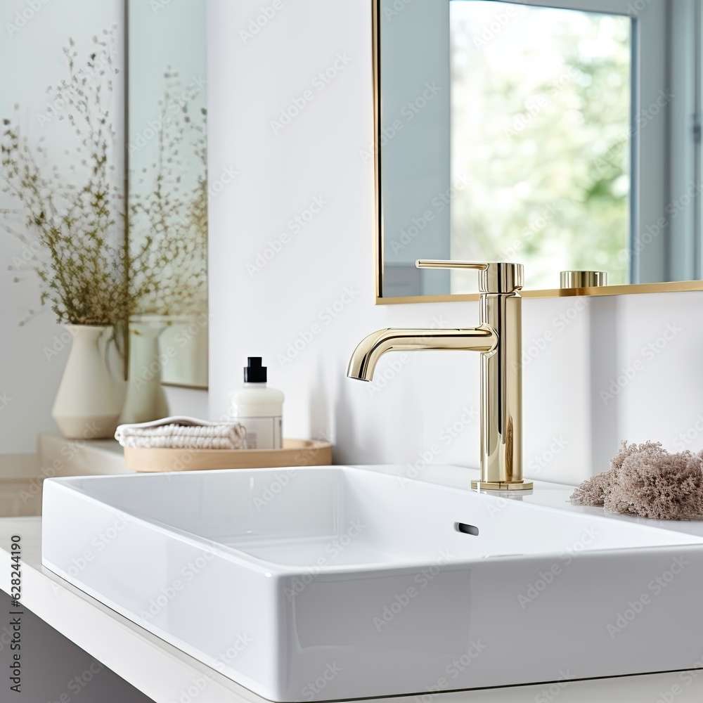 Faucet and sink in a white modern bathroom, close up, generative ai Faucet and sink in a white modern bathroom, close up, generative ai