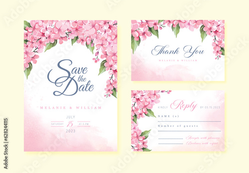 Wedding vector floral invitation, invite invitation thank you, rsvp card watercolor design set: garden flower pink hydrangea flowers