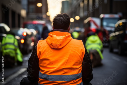Climate change protest activists wearing hi vis jacket sit on a road and block traffic